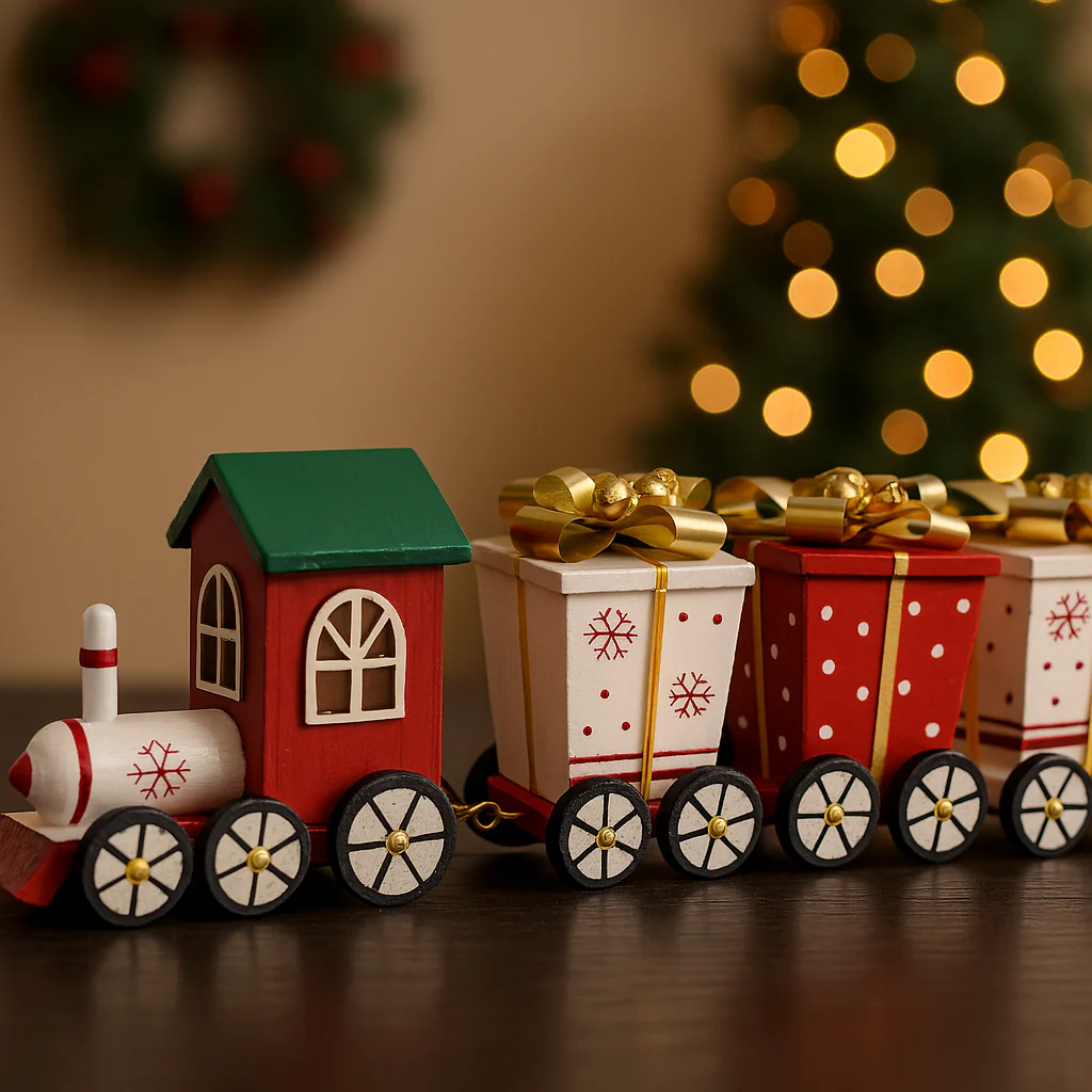 Treno natalizio in legno con pacchi regalo rossi e banchi lungo 25 cm decorazione - immagine 4