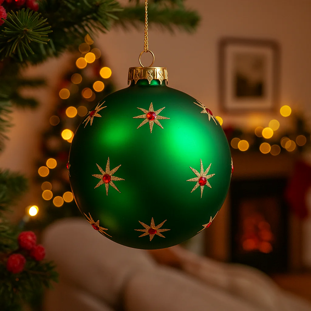 Pallina "Astral" per albero di natale verde in vetro e medaglietta diametro 10 cm set da 4 pz - immagine 4