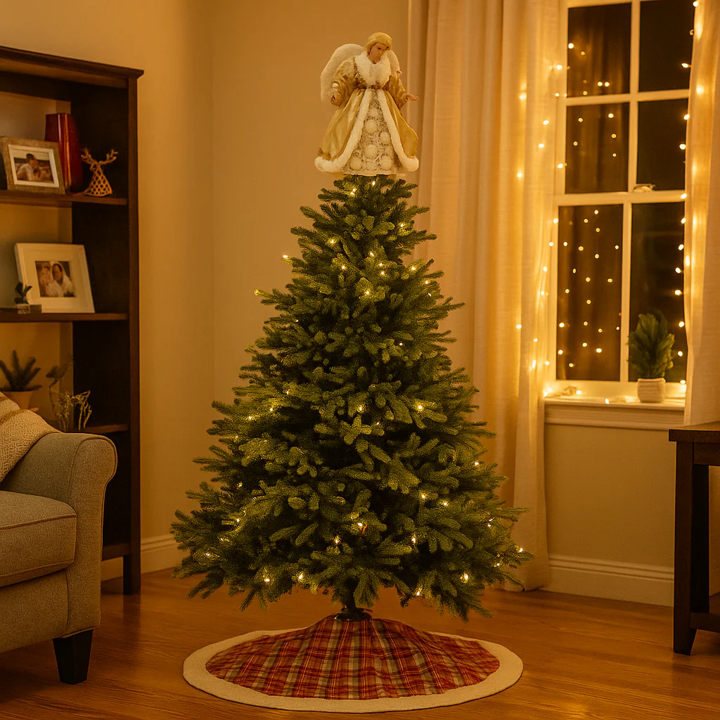 Puntale per albero di natale angelo con abito in oro e bianco, h 31 cm - immagine 4