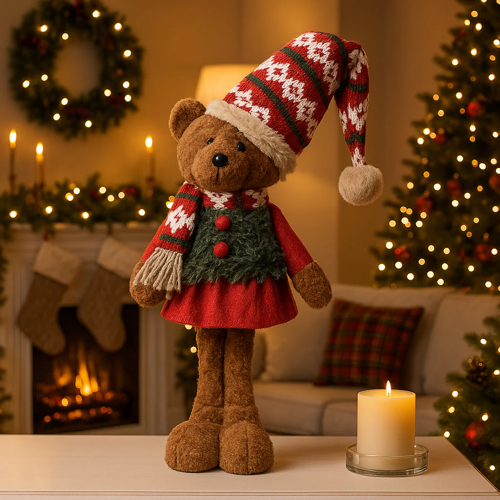 Orsetto peluche soffice con sciarpa e cappello decorazione natalizia per interno da 35 cm - immagine 3