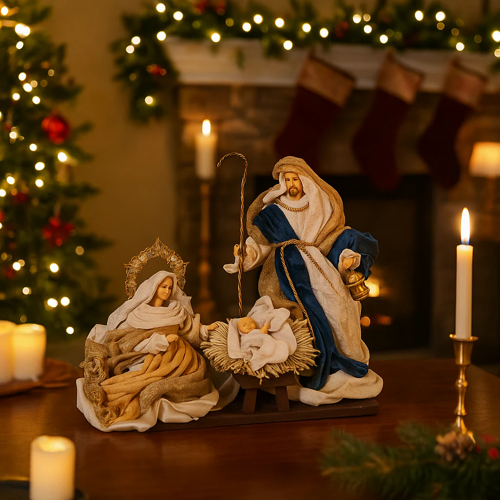 Natività con vestiti in tessuto color Blu Oro statue per presepe - immagine 4