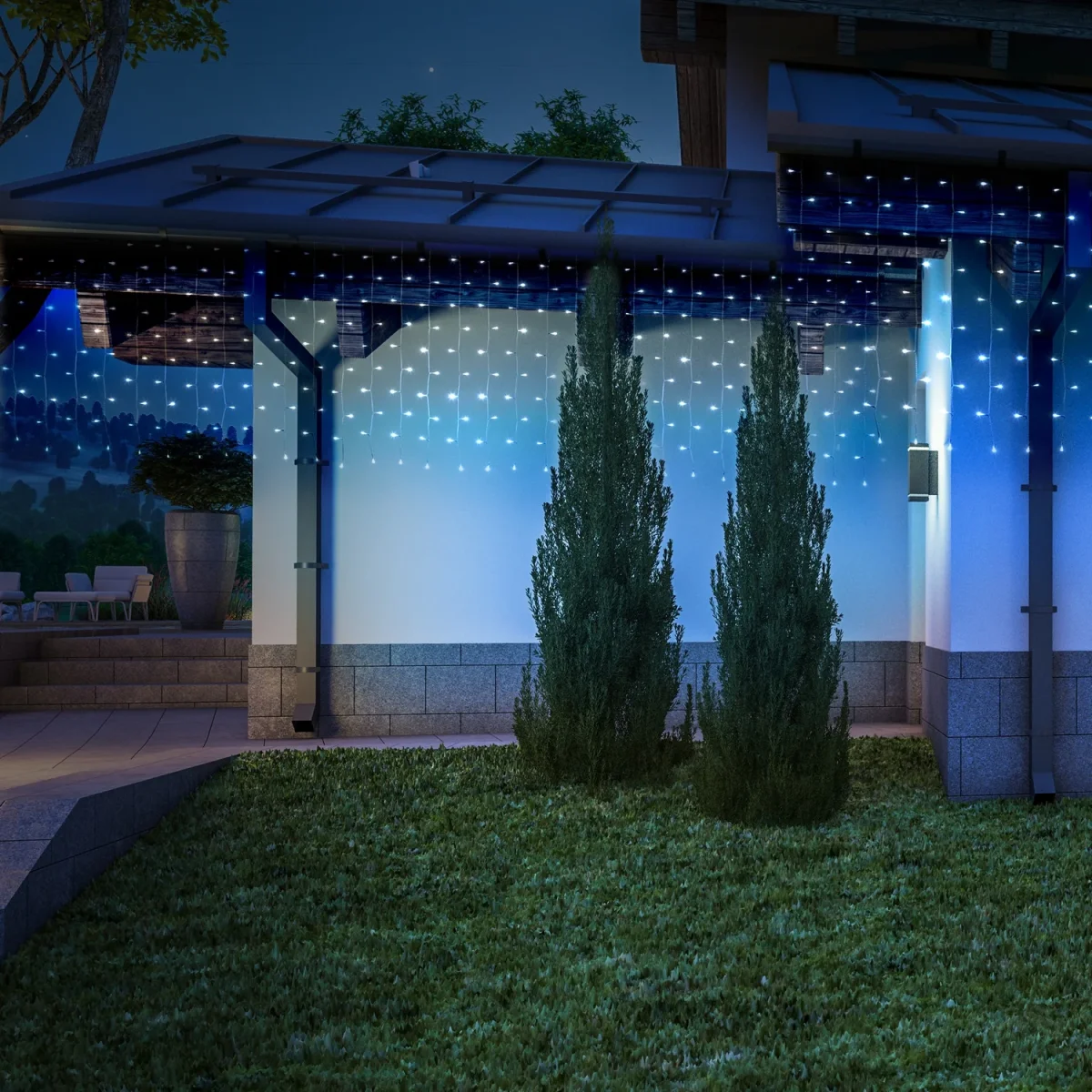 Tenda luminosa a led a luce Fredda con cavo bianco decorazione per esterno - immagine 6