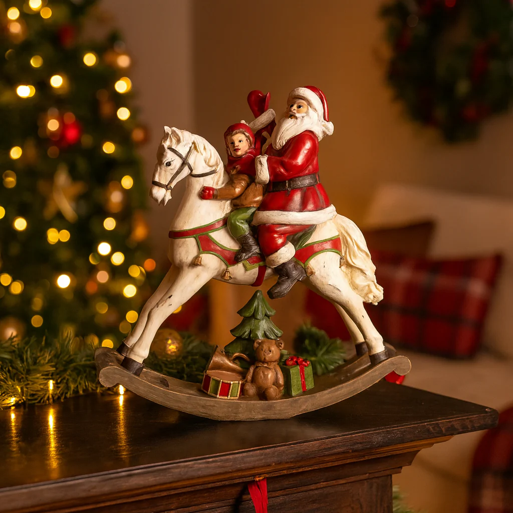 Statuetta Cavallo a dondolo con Babbo Natale colori natalizi in poli-resina - immagine 6