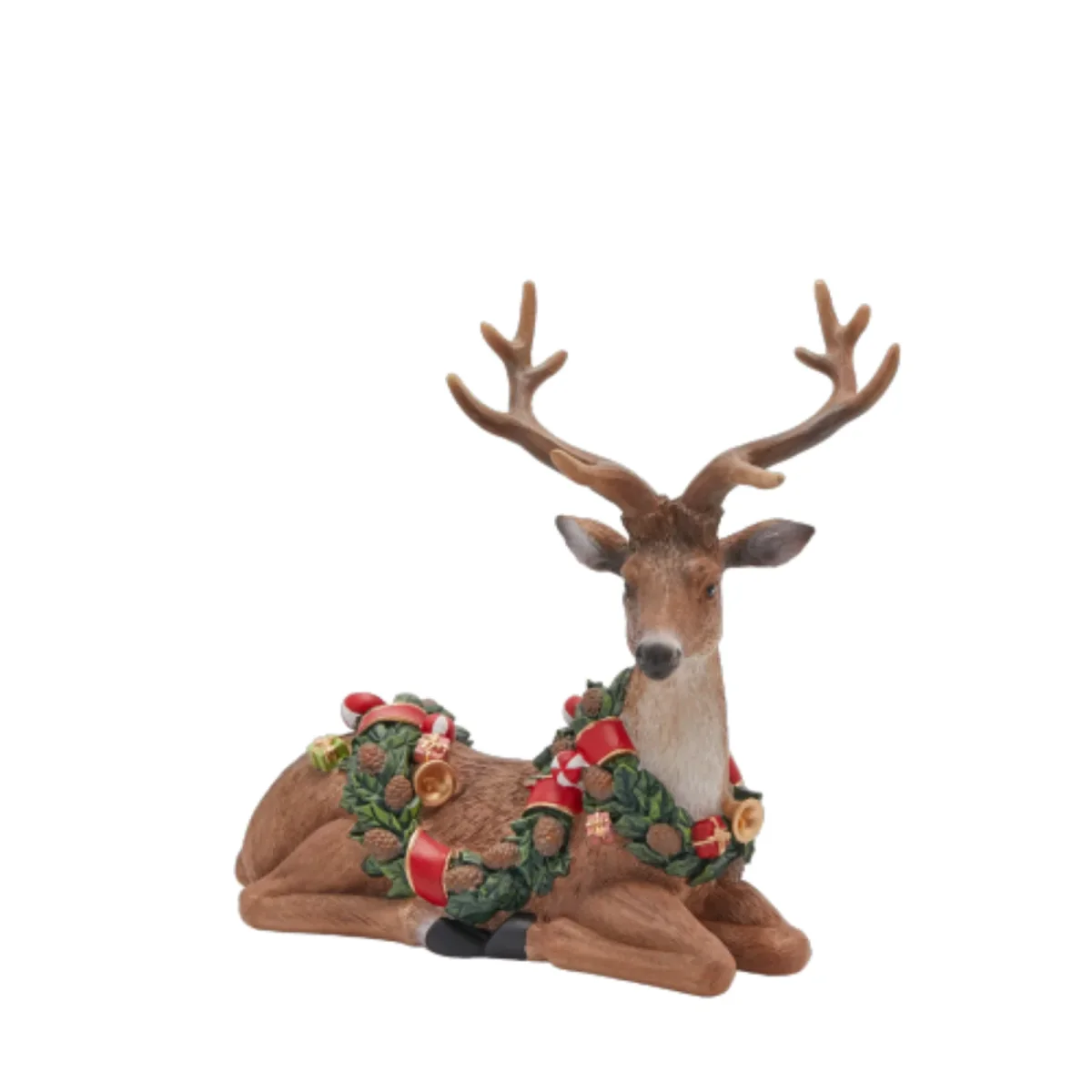 Renna con festone seduta, decorazione natalizia alta 25,5 cm