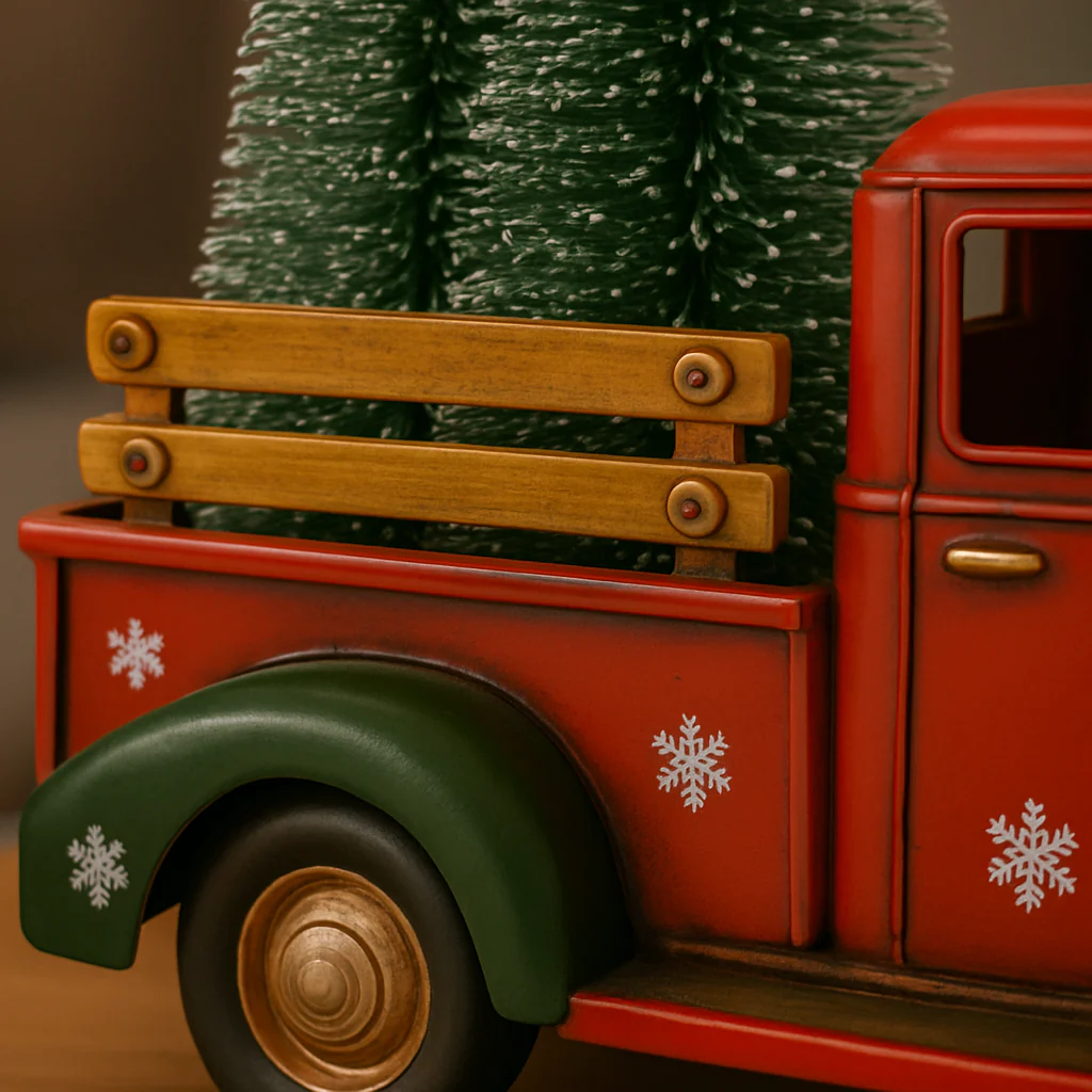 Macchina colore rosso e verde con alberi, decorazioni natalizie da 21 cm - immagine 4