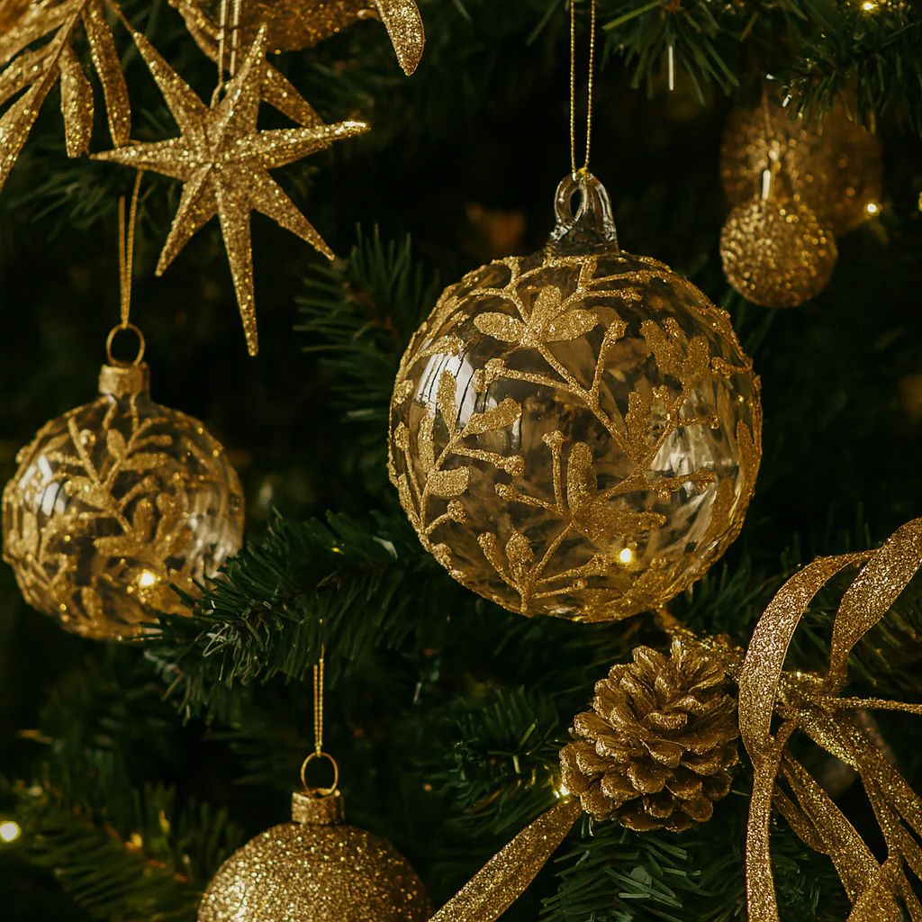 Pallina in vetro trasparente con decorazioni oro per albero di Natale da Ø 10 cm - immagine 3