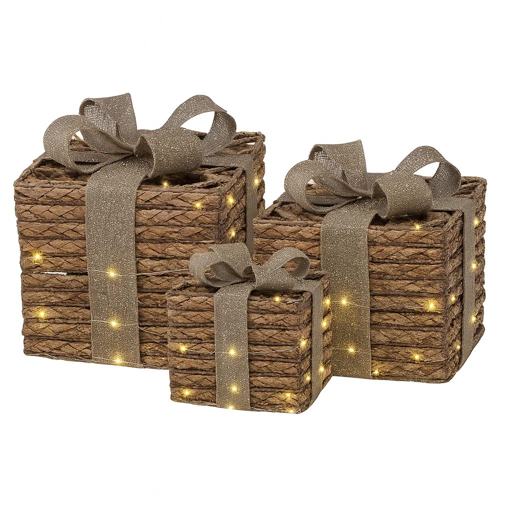 Regali natalizi in metallo colore marrone con luci LED per decorazioni natalizie, set da 3 pezzi - immagine 2