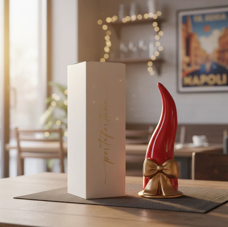 Cornetto rosso con fiocco color oro decorativo, con scatola, da 12 cm - immagine 3