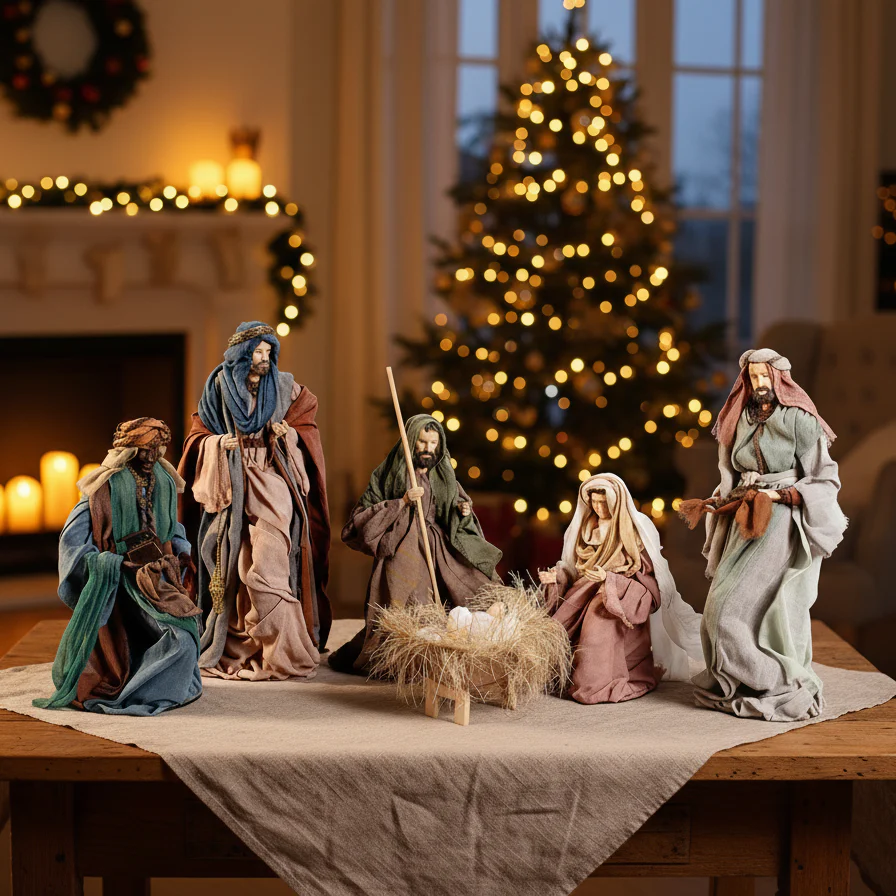 Statuette in tessuto per presepe da 6 pezzi raffiguranti la natività con i 3 Re magi da 60 cm - immagine 3