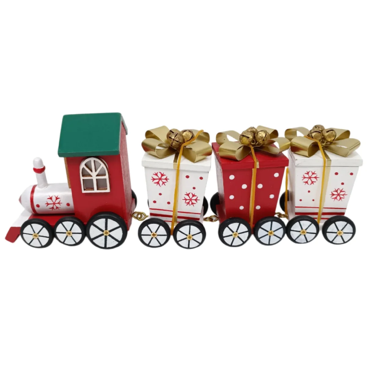Treno natalizio in legno con pacchi regalo rossi e banchi lungo 25 cm decorazione - immagine 3
