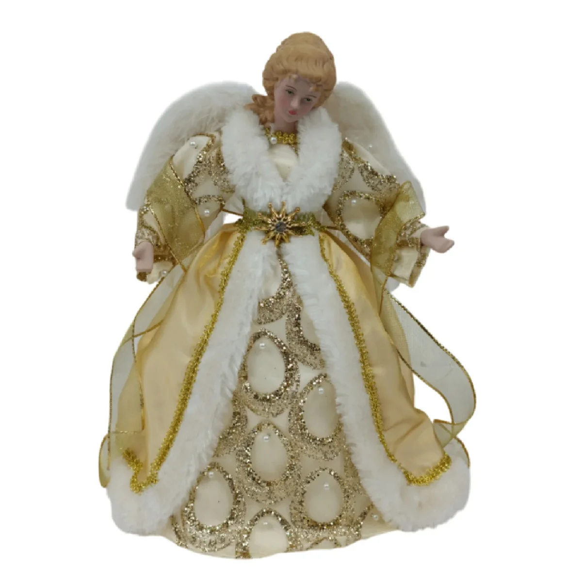 Puntale per albero di natale angelo con abito in oro e bianco, h 31 cm