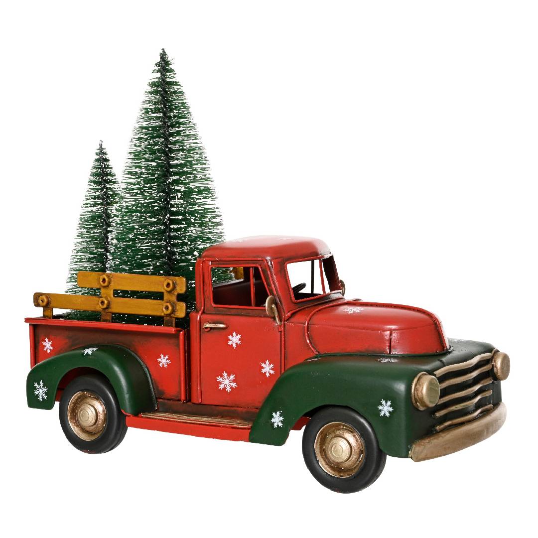 Macchina colore rosso e verde con alberi, decorazioni natalizie da 21 cm - immagine 3