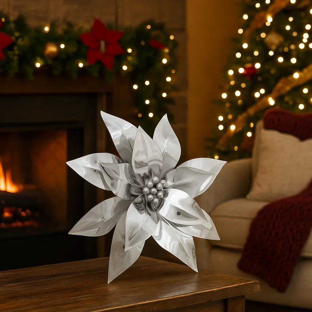 Fiore decorativo natalizio lucido color argento per decorazione ambienti h 50 cm - immagine 5