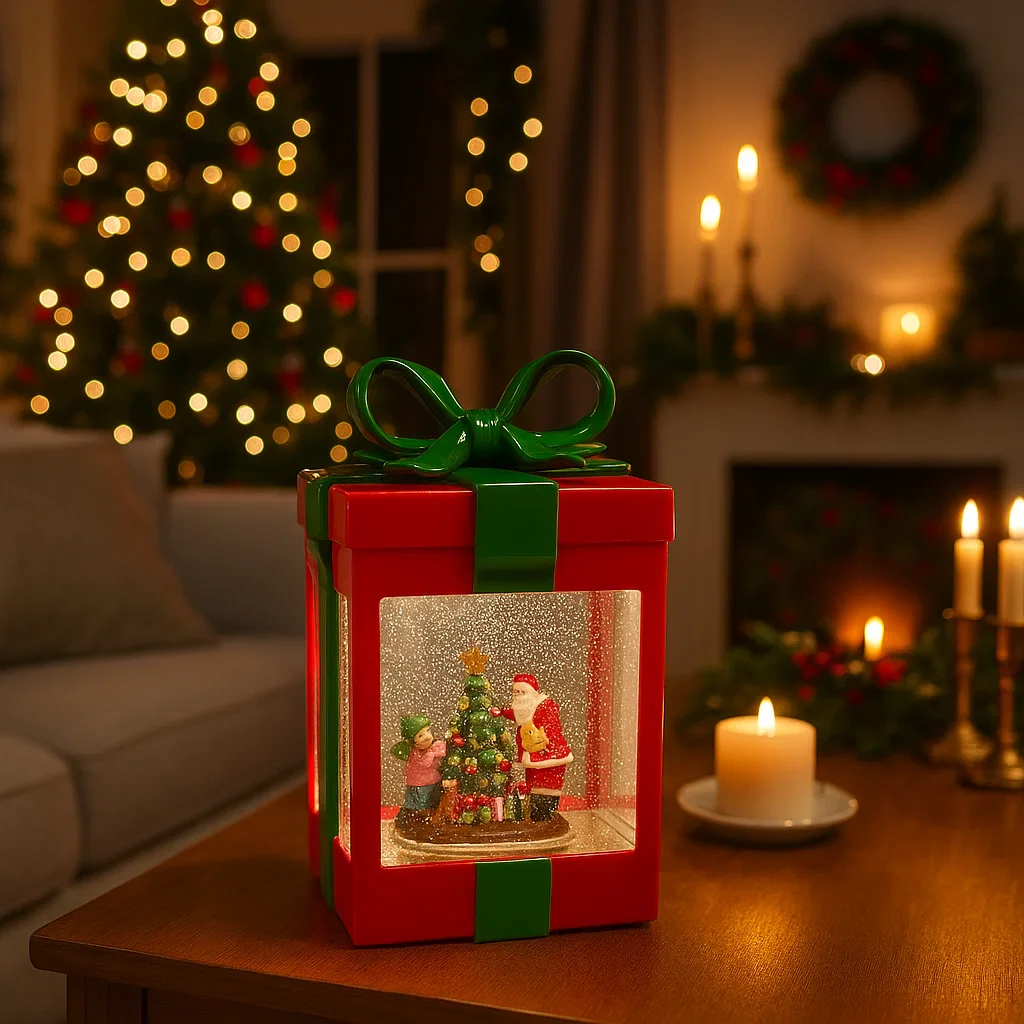 Scatola regalo con scena natalizia, luce e movimento a batteria decorazione natalizia - immagine 4