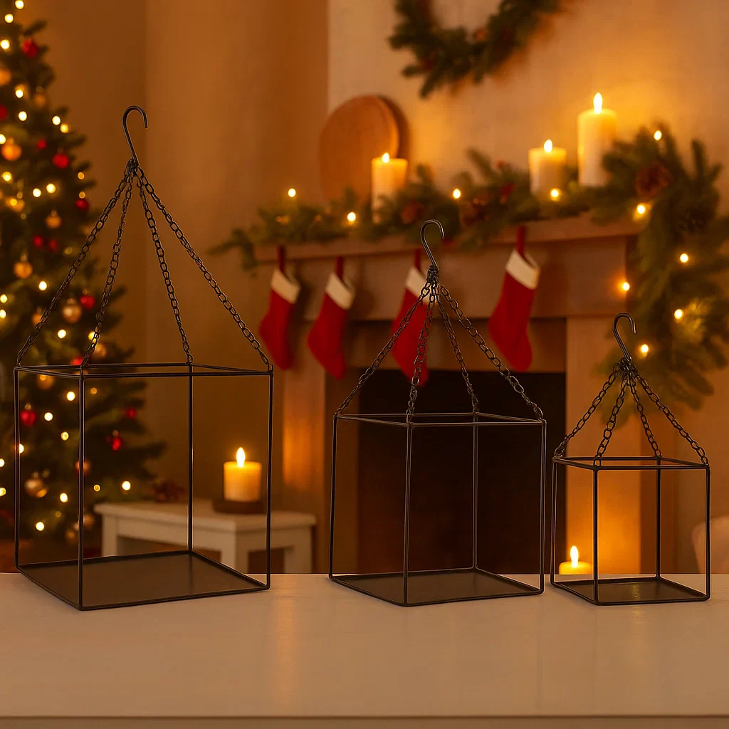 Lanterne luminose color Naturale in legno, decorazione per esterno da 30 cm, set da 3 pezzi