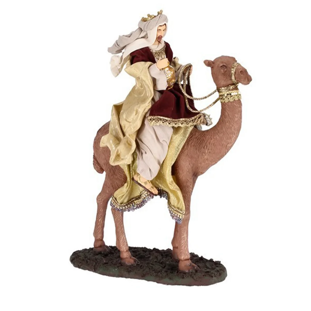 Natività con 3 dromedari con re magi con vestiti in tessuto color oro statue per presepe - immagine 4