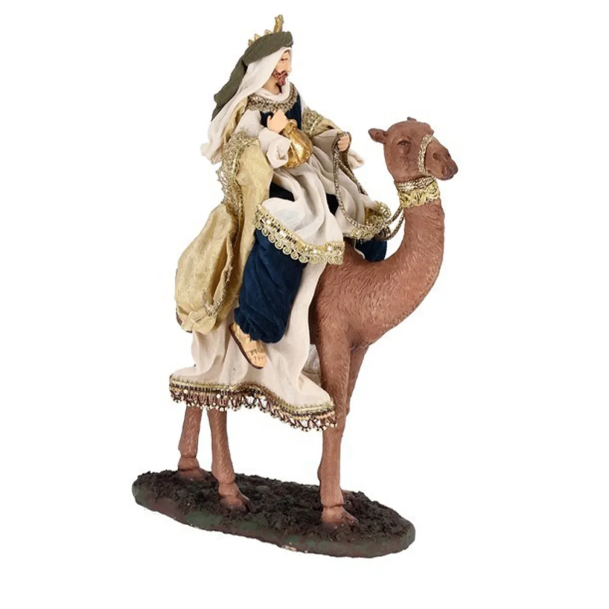 Natività con 3 dromedari con re magi con vestiti in tessuto color oro statue per presepe - immagine 5