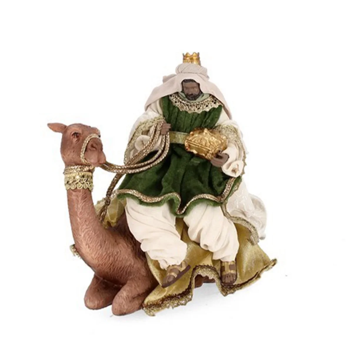 Natività con 3 dromedari con re magi con vestiti in tessuto color oro statue per presepe - immagine 6