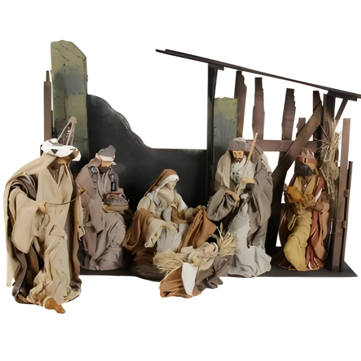 Natività completa per presepe in tessuto set da 6 statue con re magi h 45 cm con capanna - immagine 3