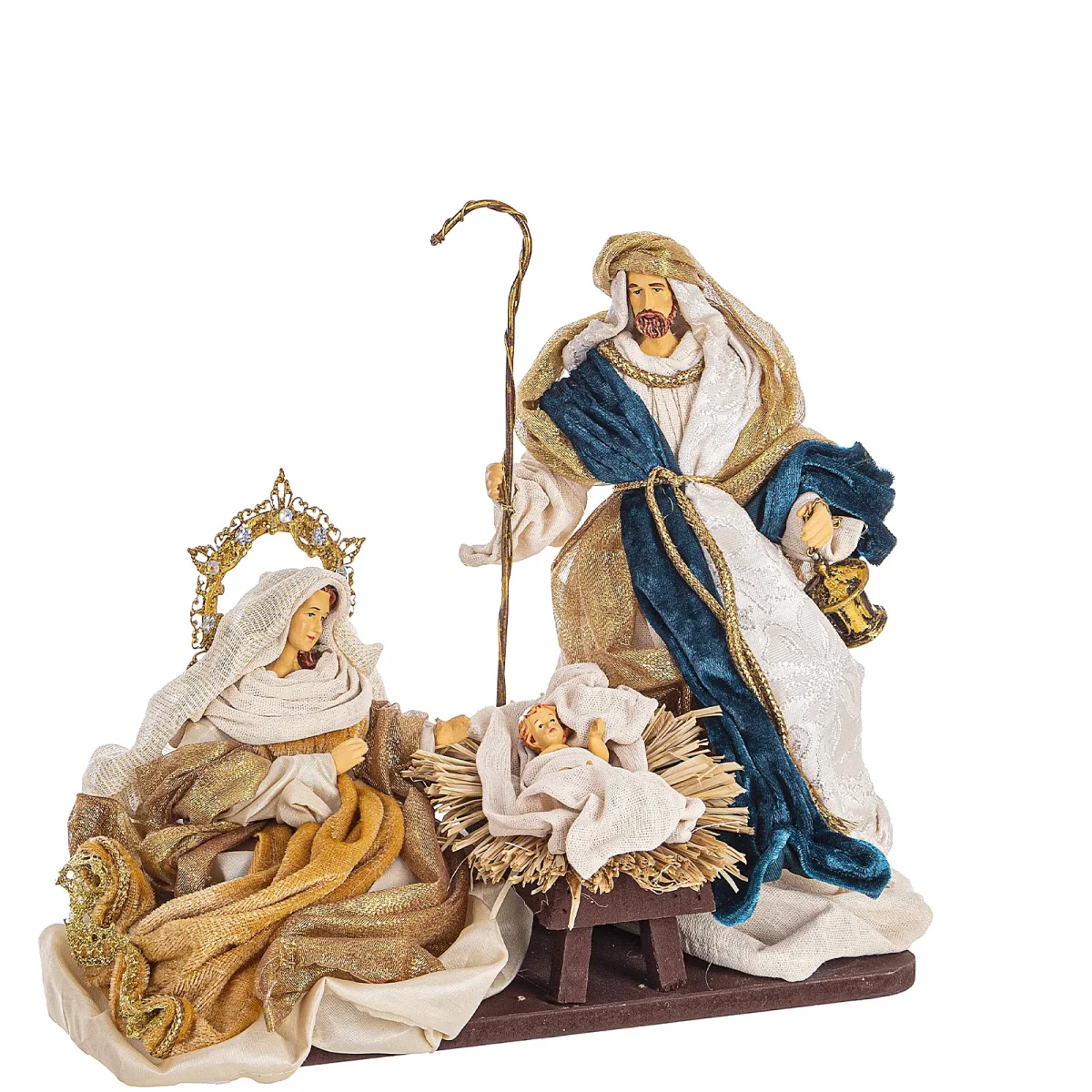 Natività con vestiti in tessuto color Blu Oro statue per presepe - immagine 3